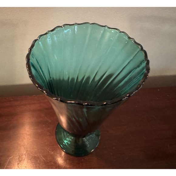 Jeannette Glass Swirl Ultramarine Vase 8.5 Inch Pedestal Aquamarine 1930s - Picture 2 of 7